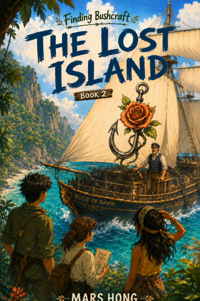 Cover of 'Finding Bushcraft: The Lost Island, Book 2' by Mars Hong, featuring a sailing ship named 'Rose of Dawn' in a tropical landscape, with three characters on the shore observing the ship.