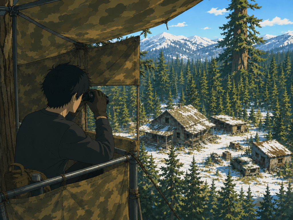 A person using binoculars in a tree stand overlooking a snow-covered forest with dilapidated buildings and mountains in the background.