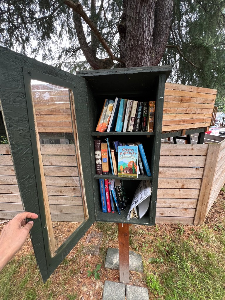 A small, wooden library box with two open doors revealing shelves filled with various books, located outdoors near a tree.