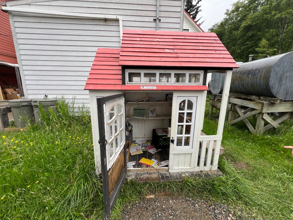 A small white playhouse with a red roof, featuring an open door and visible interior filled with books and papers, surrounded by grass and storage bins.